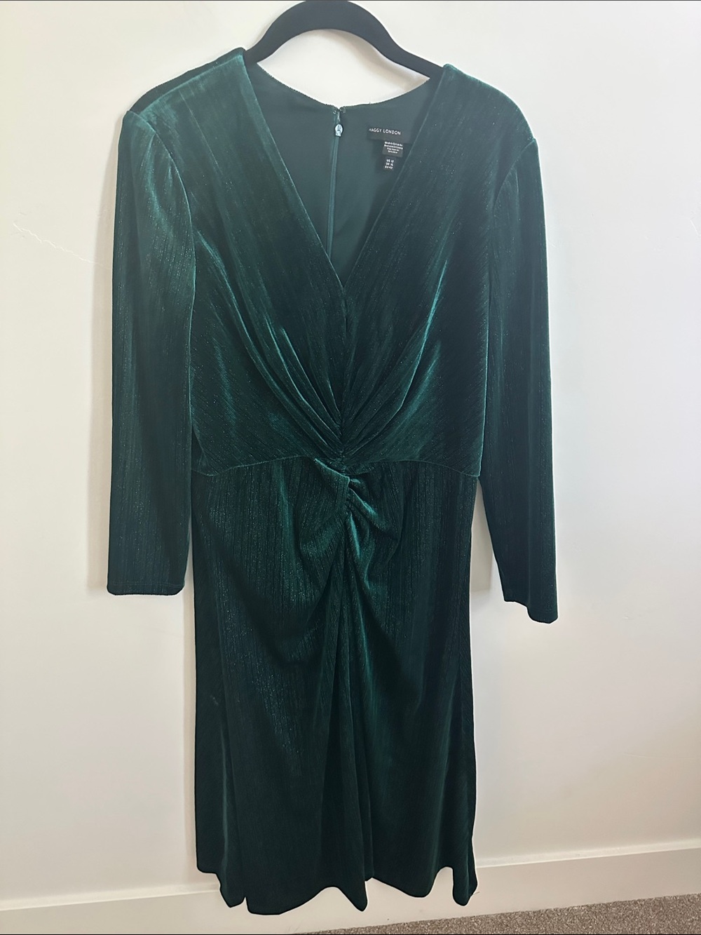 Maggy London Deep Green Velvet Shimmer Twist-Front Long Sleeve Dress Size 12